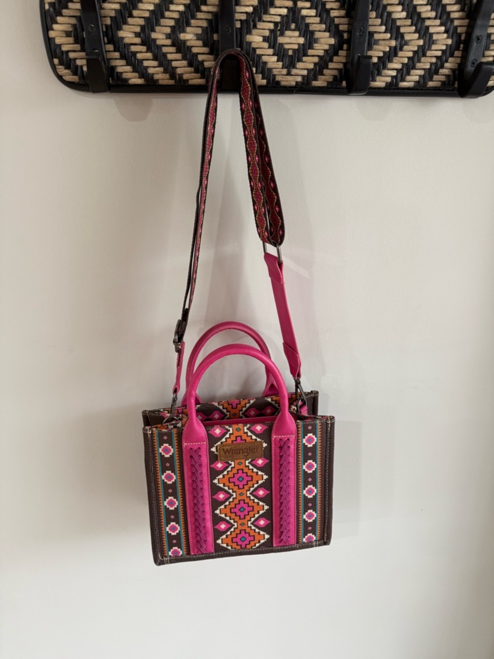 Wrangler Women's Southwestern Print Canvas Crossbody Tote Bag - Hot Pink/Brown - Picture 4 of 12